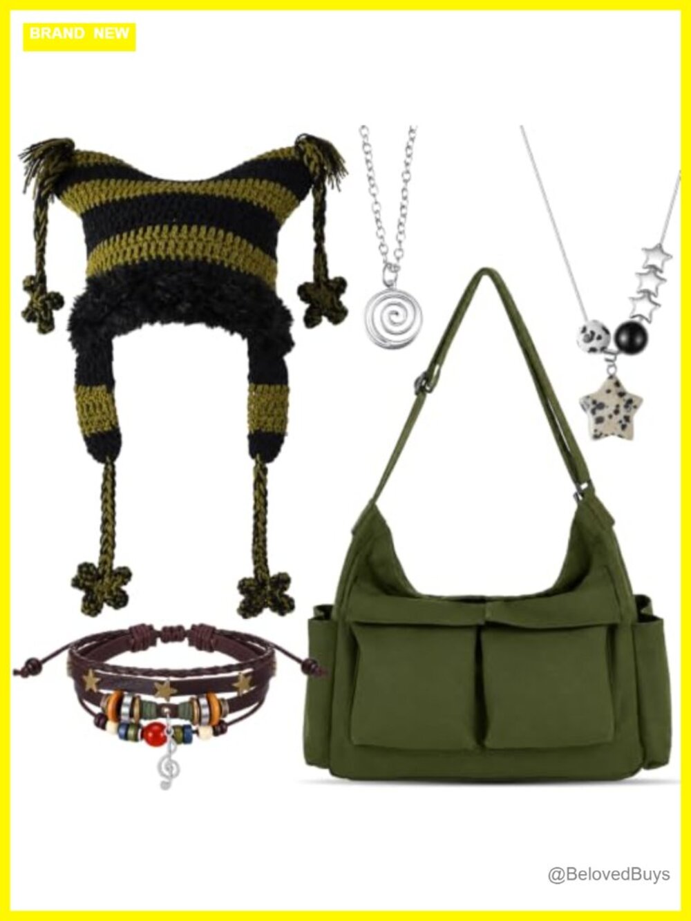 5 Pc Fairy Grunge Accessory Set Canvas Messenger Bag Cat Beanie Necklace